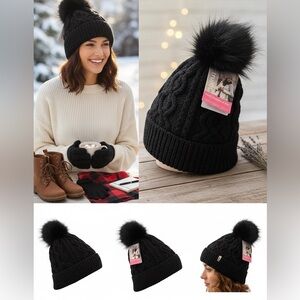 Frye Black Cable Knit Beanie with Pom-Pom